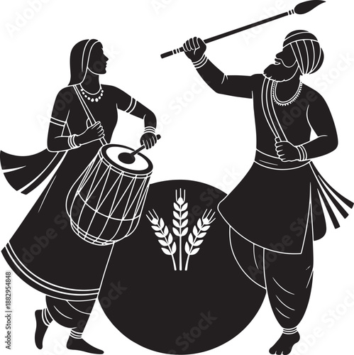 Celebrating vaisakhi a depiction of punjabi folk dancers with traditional instruments and wheat sheaves