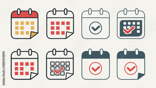 A set of eight calendar icons in a flat, minimalist design style, featuring various symbols and checkmarks.