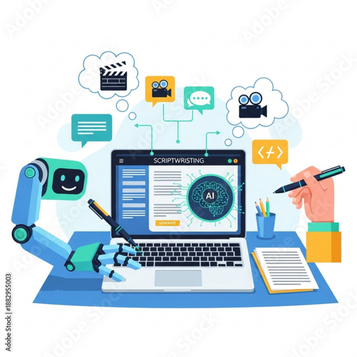 A robotic arm and human hand collaborate on scriptwriting with AI on a laptop