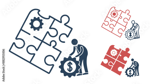 A vector graphic illustration of business people working with puzzle pieces and gears to represent financial problem solving and teamwork