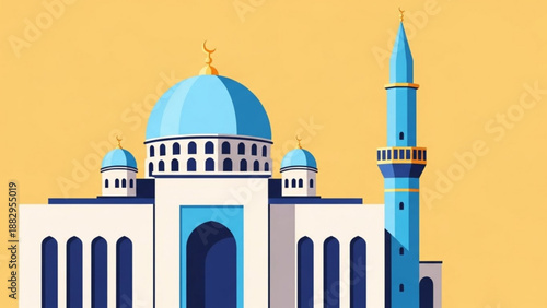 A vector graphic illustration of a mosque with blue domes and minaret