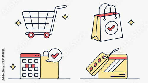 A set of colorful vector icons representing online shopping and payment concepts