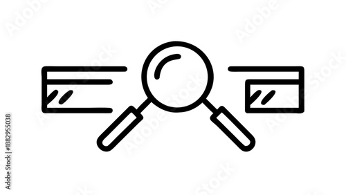 A minimalist vector graphic of a magnifying glass examining two credit cards