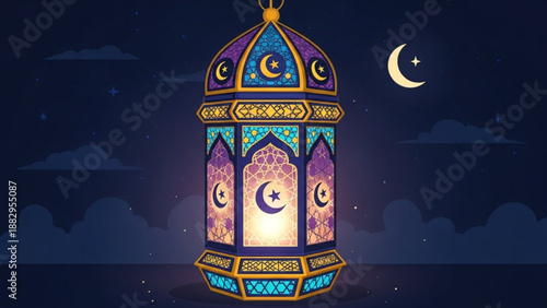 A colorful lantern with crescent moon and star designs in a night sky