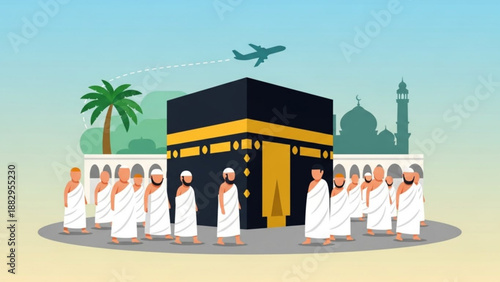 A vector illustration of pilgrims circling the Kaaba during Hajj
