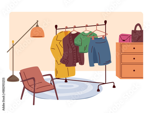 Clothes hanging on a rack beside furniture including chair, lamp, and dresser, in a minimal style on white background. Concept of interior decor. Vector illustration