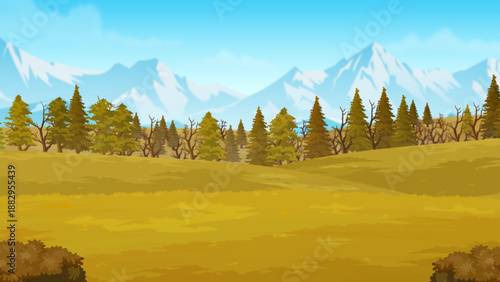 Autumn Mountain Landscape with Golden Field and Fall Trees Vector