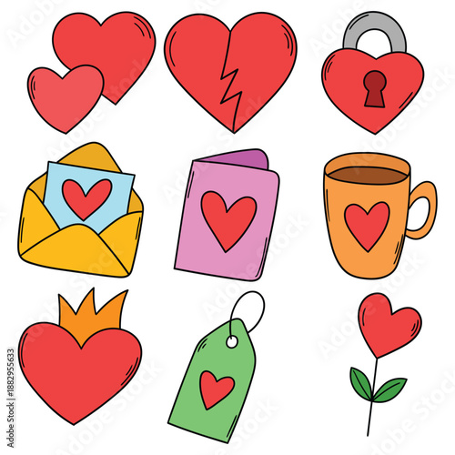 Hand-drawn cartoon set of Valentine's Day on a white background.