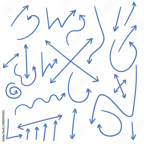 Hand-drawn doodle set of blue arrows on a white background.