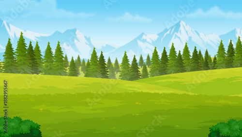 Summer Mountain Landscape with Green Meadow and Pine Forest Vector