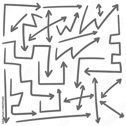 Hand-drawn doodle set of gray arrows on a white background.