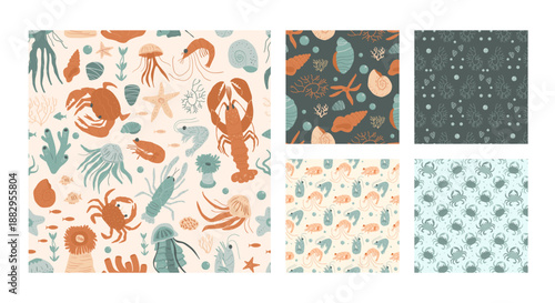 Coastal seamless pattern set with lobsters, seashells and crabs. Perfect summer print for beach-themed wallpaper, textile design, or Mediterranean vacation decor with marine element. Vector repeat bg.
