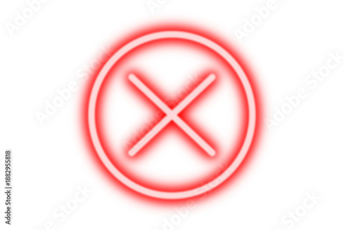Red neon glowing cross mark in circle forbidden icon isolated on transparent background. Shining cross mark, x sign, cancel, reject icon, wrong sign, incorrect symbol for design. Vector illustration.