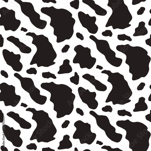 Seamless cow pattern with black and white spots on dairy background. Holstein animal skin texture with irregular patches and stains for farm-themed design. Vector illustration with milk splash motifs.