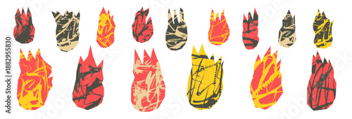 Hand drawn fire paper cutouts icons with ink texture. Doodle flames vector illustration set featuring rough grunge textures. Collage elements for bold designs. Scrapbook bonfire elements set isolated.