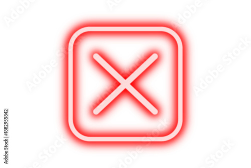Red neon glowing cross mark in squire forbidden icon isolated on transparent background. Shining cross mark, x sign, cancel, reject icon, wrong sign, incorrect symbol for design. Vector illustration.