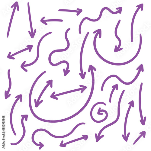 Hand-drawn doodle set of purple arrows on a white background.