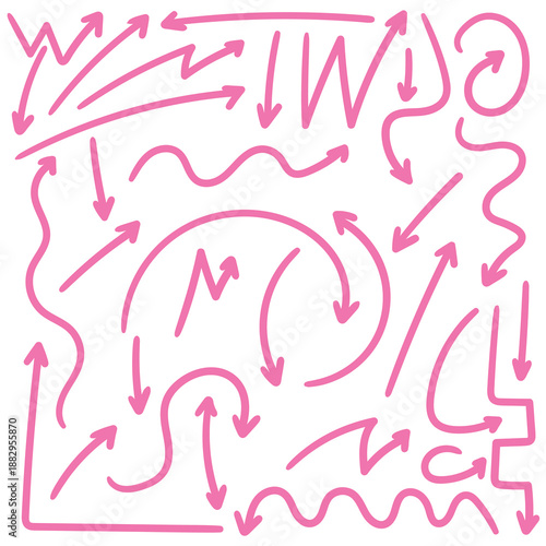 Hand-drawn doodle set of pink arrows on a white background.