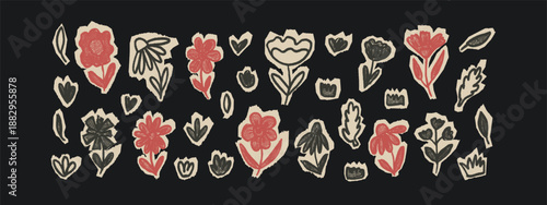 Scrapbook charcoal drawn scribble cut out nordic flowers. Naive red black doodle floral on beige pieces of paper stickers. Set of scrap book shape crayon textures. Vector ephemera collage illustration
