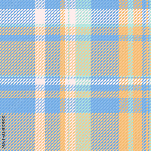 Cut out background fabric pattern, backdrop texture seamless textile. Wear plaid vector tartan check in cyan and orange colors.