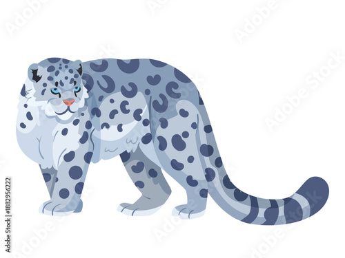 Cartoon snow leopard with blue-gray fur and dark spots, flat graphic style, isolated on white background. Concept of wildlife and animals. Vector illustration