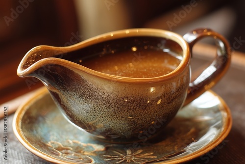 A vessel for serving a delectable, rich, and brown sauce or gravy.