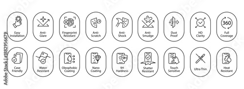Screen Protector Features Line Icons, and Badges. Anti Glare, Anti Scratch, Fingerprint Resistant