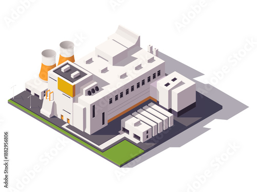 Industrial factory complex with cooling towers in isometric graphic style on white background. Concept of manufacturing infrastructure. Vector illustration