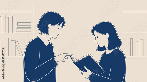 Two women discussing a book in a library setting.