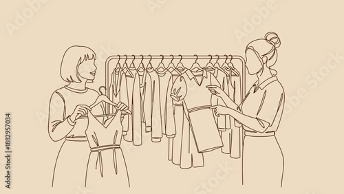 Two women shopping for clothes at a clothing rack line art.