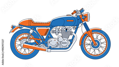 Vintage Blue and Orange Cafe Racer Motorcycle Illustration.