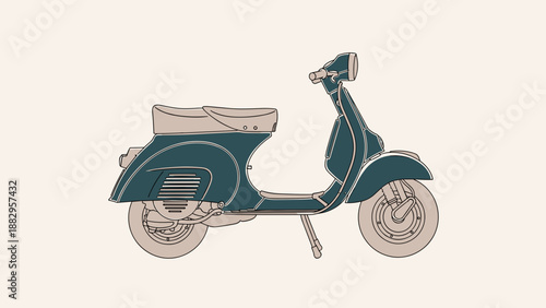 Vintage Teal Vespa Scooter Illustration on Cream Background.