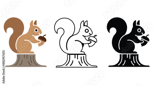 Three cartoon squirrels sitting on tree stumps with acorns in different colors