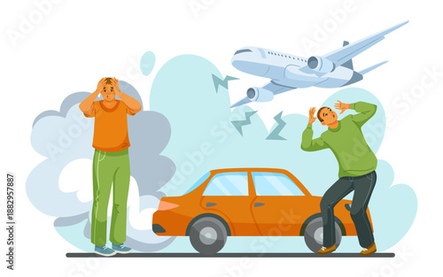 Two frightened men near a car react to a low-flying airplane, with expressive faces and motion lines, on a white background. Vector illustration