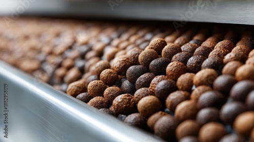 Wallpaper Mural A row of brown and black balls are on a conveyor belt. The balls are of different sizes and are piled up Torontodigital.ca