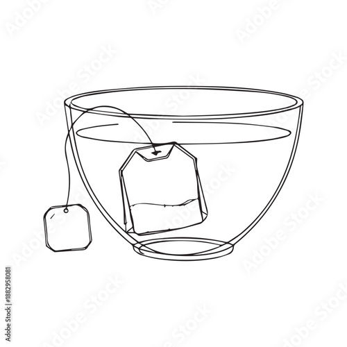 Continuous line drawing of tea cup with dipping tea bag. Minimalist vector illustration of hot herbal beverage preparation.
