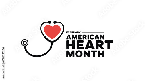 A graphic illustration for American Heart Month in February with a stethoscope and heart