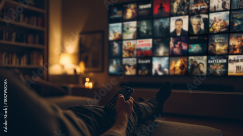 Mann liegt auf der Couch und bedient Smart-TV