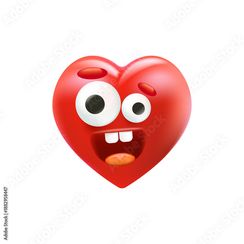 Vector cartoon heart character with smiling face 3d style. Valentines day red funny and cute heart emoji character isolated on white background. Conceptual valentines day comic funky kids sticker