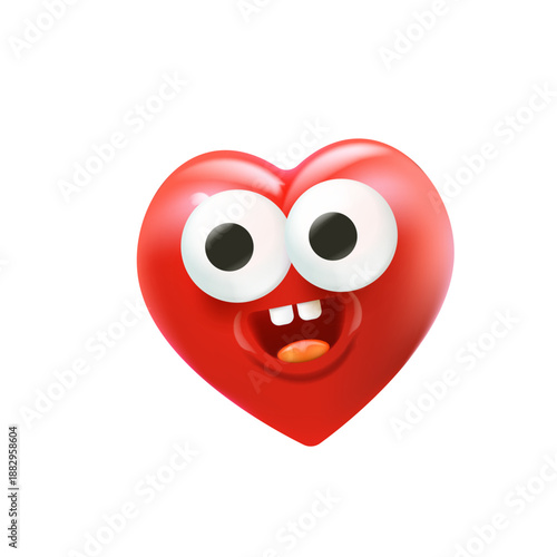 Vector cartoon heart character with smiling face 3d style. Valentines day red funny and cute heart emoji character isolated on white background. Conceptual valentines day comic funky kids sticker