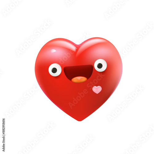 Vector cartoon heart character with smiling face 3d style. Valentines day red funny and cute heart emoji character isolated on white background. Conceptual valentines day comic funky kids sticker