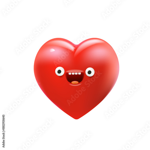 Vector cartoon heart character with smiling face 3d style. Valentines day red funny and cute heart emoji character isolated on white background. Conceptual valentines day comic funky kids sticker