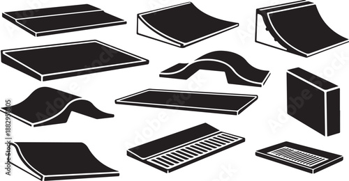 Black and white skateboard ramp illustrations set