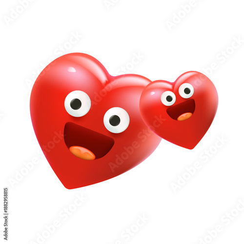 Vector cartoon heart character with smiling face 3d style. Valentines day red funny and cute heart emoji character isolated on white background. Conceptual valentines day comic funky kids sticker