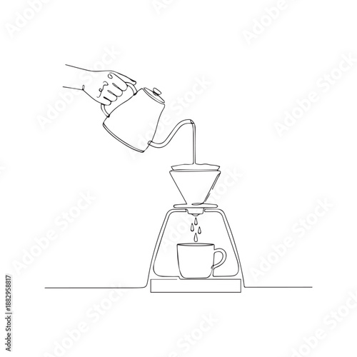 Continuous line drawing of hand pouring water from kettle into coffee dripper. Minimalist vector illustration of manual brewing process.

