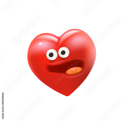 Vector cartoon heart character with smiling face 3d style. Valentines day red funny and cute heart emoji character isolated on white background. Conceptual valentines day comic funky kids sticker