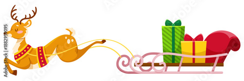 Cute cartoon reindeer pulling a festive sleigh filled with colorful Christmas gifts, flat graphic style, isolated on white background. Vector illustration