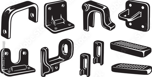Various metal brackets and hardware components illustration set
