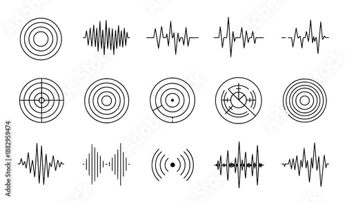 Sonar Sound Waves Icon Set. Signal and Detection Symbols