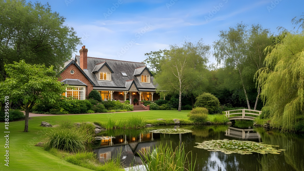 Obraz premium Large brick house with a pond and bridge in the garden transparent background